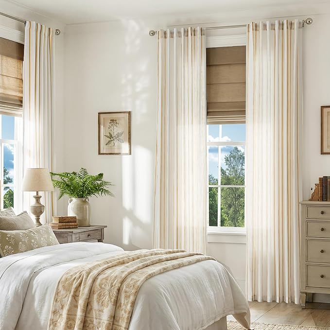 Vangao Striped Curtains Yellow on White Semi Sheer Curtains 84 Inches Long for Living Room Bedroom Modern Farmhouse Linen Textured Light Filtering Drapes 2 Panels Mustard Yellow W50 x L84 Inch