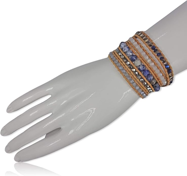 MGR MY GEMS ROCK! 35-Inch Long Multi-Layer Hand Crafted Gemstone and Crystal Multi-Stone Beaded on Genuine Leather Boho Style Stackable Super Wrap Bracelet, up to 5 Wraps.
