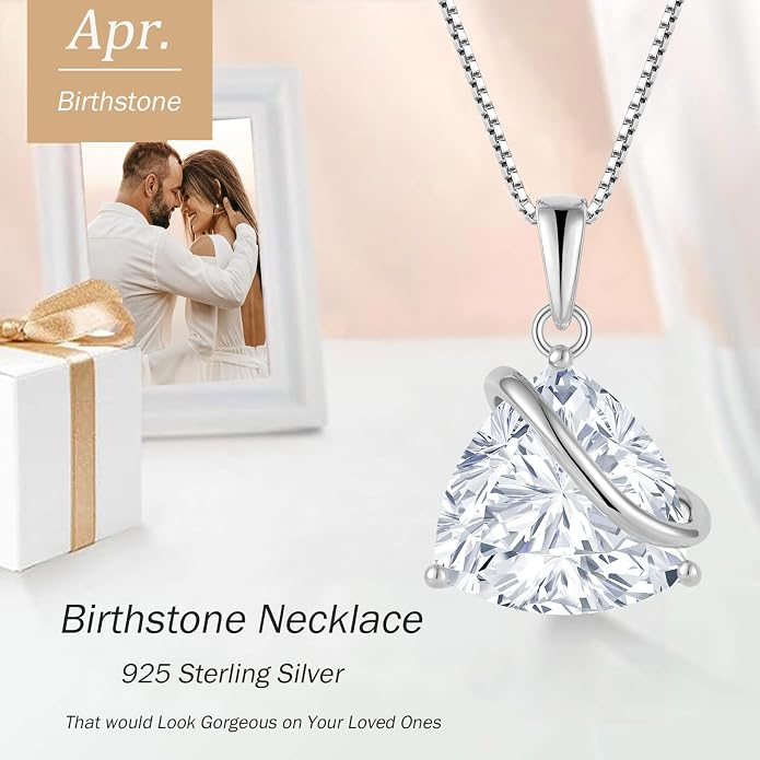 Birthstone Necklace for Women 925 Sterling Silver Triangle cut CZ Halo Pendant Necklaces Infinity Jewelry Gift for Birthday Christmas Mother's Day