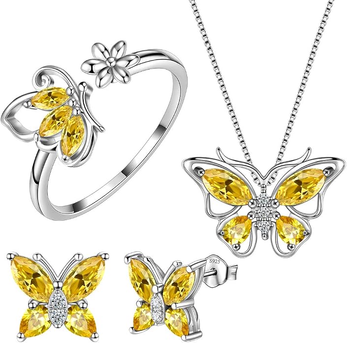 Aurora Tears Butterfly Jewelry,Women 925 Sterling Silver Butterflies Birthstone Pendant Necklace/Earrings/Rings Wedding Gift
