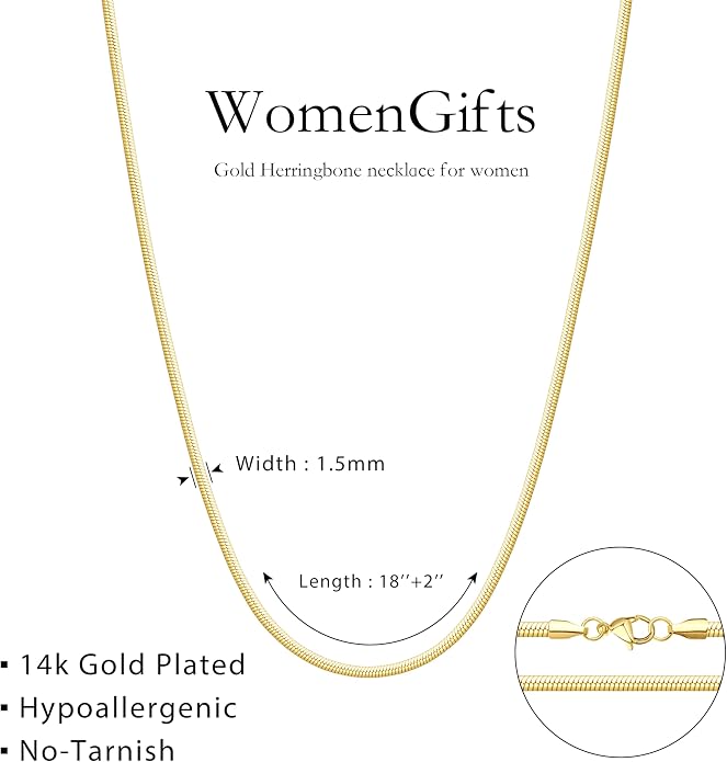 WomenGifts 14K Gold Silver Plated Herringbone Necklace for Women, Dainty Snake Chain Choker, Trendy Simple Long Layered Jewelry Non Tarnish, 3/4/5/8mm,14,16,18,20,22,24,26 Inch Thin & Chunky Options