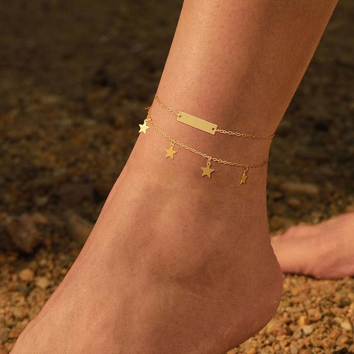 ASCOMY Anklets for Women 14K Gold/Silver Ankle Bracelets Dainty Cute Star Cubic Zirconia Devil's Eye Infinity Charm Pearl Satellite Sparkling Chain Summer Beach Foot Bracelet Jewelry Gifts for Her