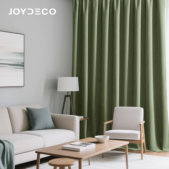 Joydeco Blackout Velvet Curtains Coconut Green 90 Inch Rod Pocket | Luxury Thermal Insulated Velvet Curtains for Bedroom Living Room, Soundproof Blackout Window Drapes