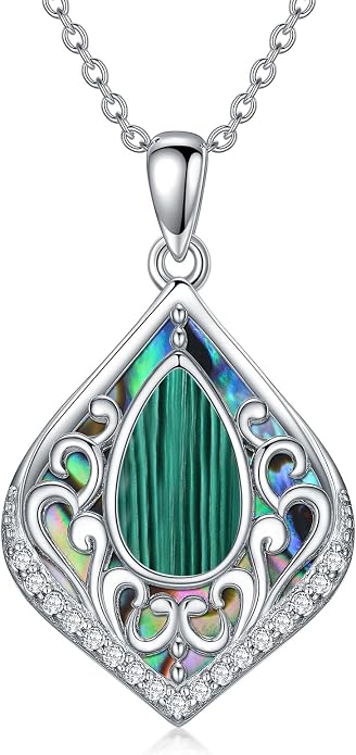 HPQQ Filigree Gemstone Necklace 925 Sterling Silver Teardrop Bohemian Necklace Abalone Shell Jewelry Birthday Gifts for Women