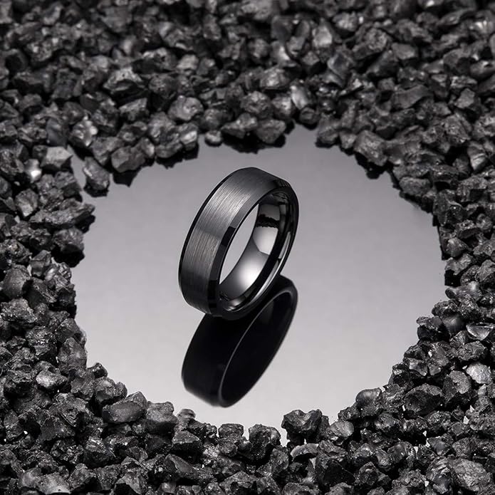 King Will Tungsten Men's Wedding Ring - Available in 6mm to 10mm, Black/Silver, Matte Finish, Beveled Polished Edge, Comfort Fit