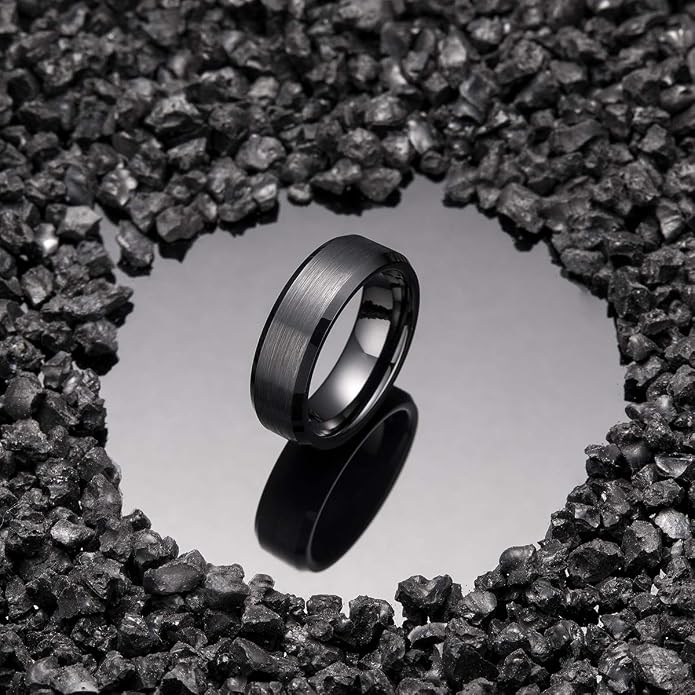 King Will Tungsten Men's Wedding Ring - Available in 6mm to 10mm, Black/Silver, Matte Finish, Beveled Polished Edge, Comfort Fit
