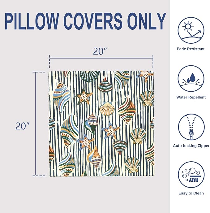 Outdoor Pack of 2 Patio Throw Pillow Covers ONLY 20x20 Inch, Water Repellent Cushion Cases, Square Pillowcases for Couch Decoration, Crayon Shells