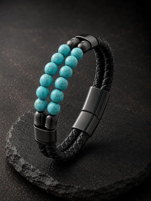 Black Braided Leather Bracelet for Men with Turquoise, Lapis Lazuli, Tiger Eye, Obsidian Stone Double-Row Wristband Beads with Stainless Steel Clasp Fashion Jewelry Gift for Him
