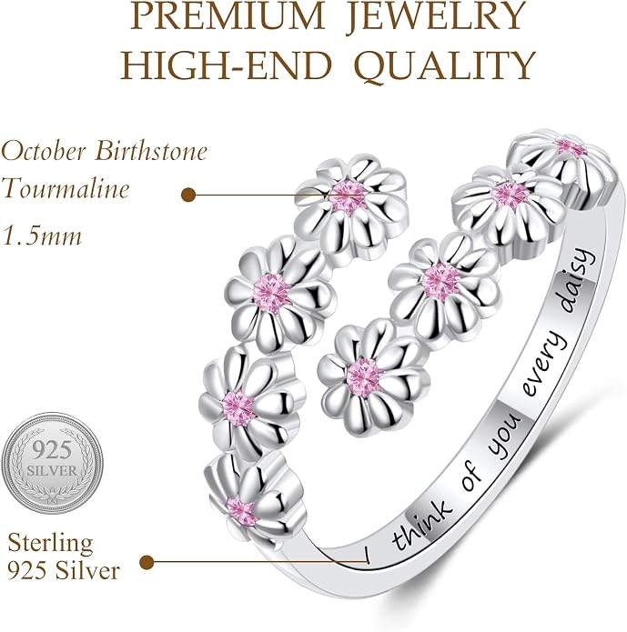 Dainty Daisy Ring for Women, S925 Sterling Silver Cubic Zirconia Sunflower Flower Ring For Daughter, I Think Of You Every Daisy Ring, Birthstone Flower Ring