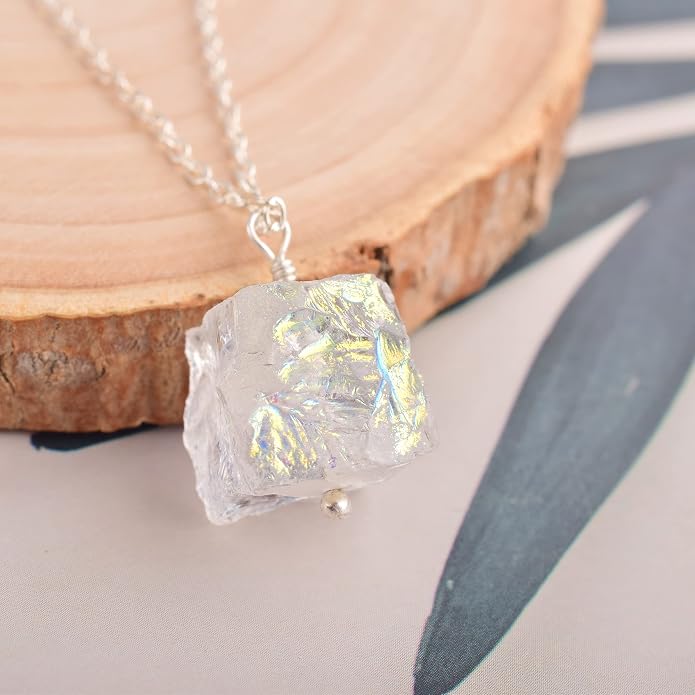 Natural Angel Aura Quartz Crystals Pendant Necklace, Cabochon Gemstone, Energy Healing Crystals, Birthday, Gift for Her, Gemstone Jewelry 18 inch AAA+ Quality