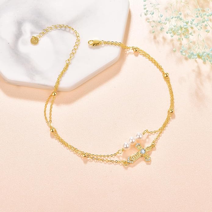 Palpitate Cross Anklet for Women Pearl Cross Ankle Bracelets 14K Gold Plated Adjustable Layered Foot Bead Chain for Women Beach Jewelry Christmas Gifts