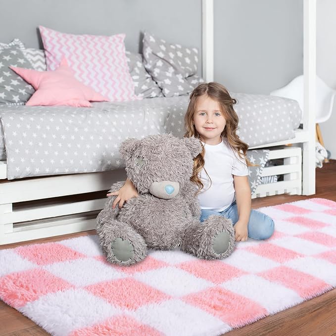 Pionblank Checkered Rug for Bedroom 2x6, Modern Fluffy Runner Rugs for Living Room, Super Soft Shaggy Bedside Carpet for Kids Room Nursery Teens Dorm Decor, Pink and White