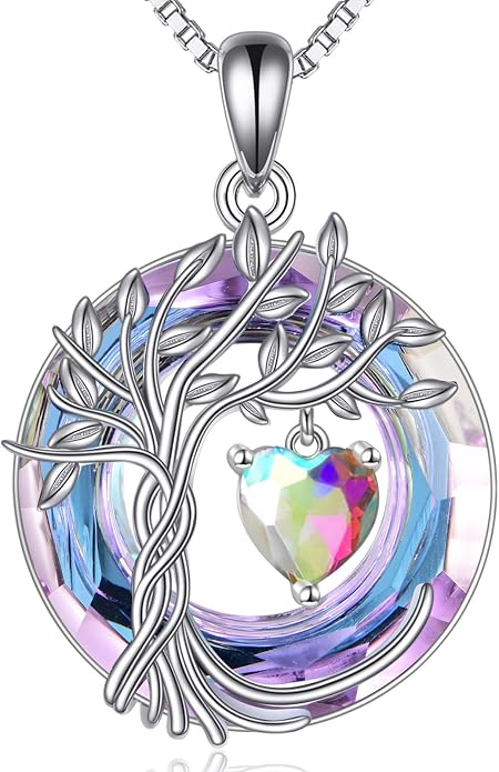 POPLYKE Mothers Day Gifts for Mom Her Wife Tree of Life Necklace 925 Sterling Silver Birthstone Pendant with Crystal Anniversary Birthday Wedding Jewelry for Women