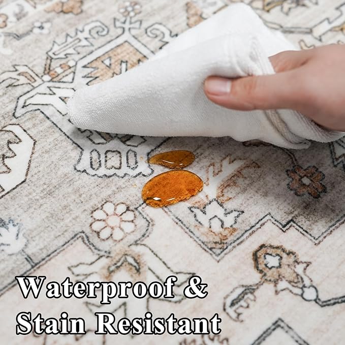 RUUGME Washable 6x9 Area Rug - Vintage Rugs with Non Slip Backing Stain Resistant Carpet for Living Room Bedroom Indoor Ultra-Soft Low Pile Home Decor Mat for Nursery 6x9 Ivory