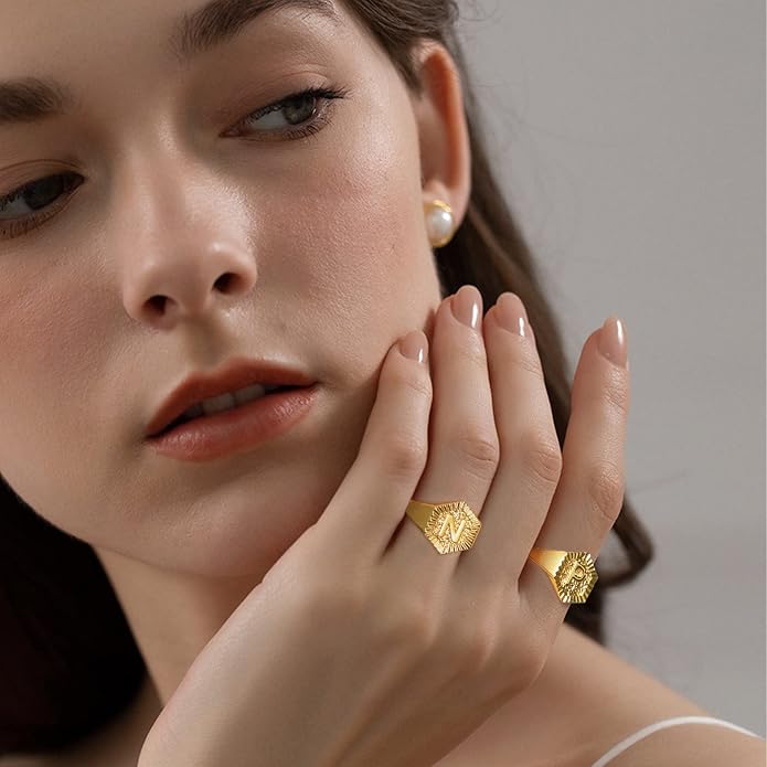 KeyStyle Bold Initial Letter Rings Adjustable, GoldChic Jewelry Women Gold Statement Ring Personalized Engraved Women’s Open Signet Ring for Party (Gold, White Gold, Black)
