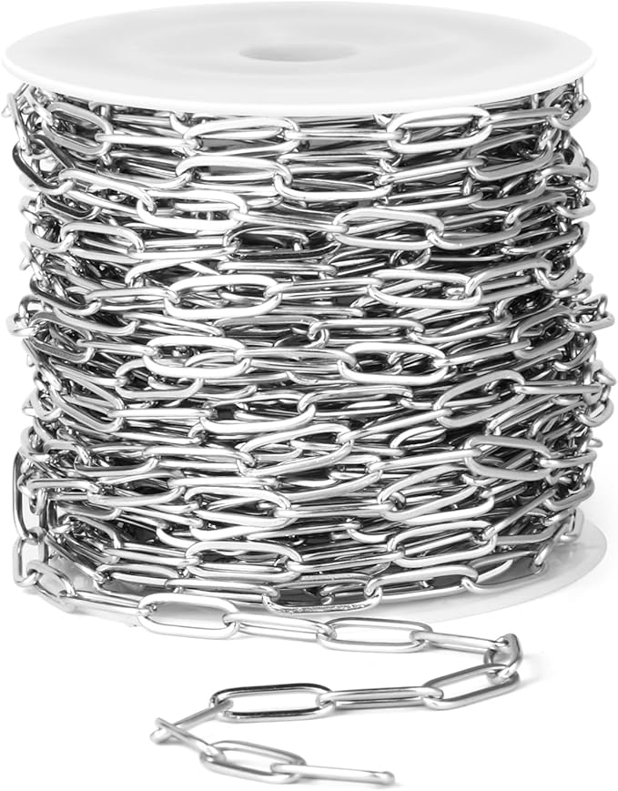 [33 Ft] Stainless Steel Paperclip Chains Roll, 4.3mm Width 304 Stainless Steel Oval Link Chains Spool Bulk for Jewelry Making