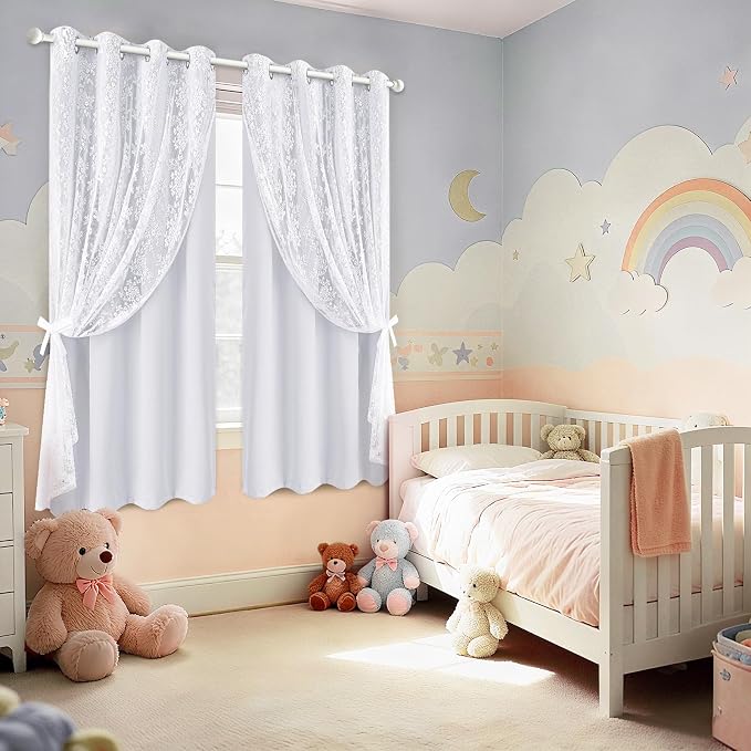 Yinhua Blackout Curtains for Bedroom Double Layer Grey Curtains for Living Room 63 Inch Length 2 Panels Set Kid Curtain with Floral Sheer Overlay, Grommet Drapes with Tiebacks, 52" W x 63" L