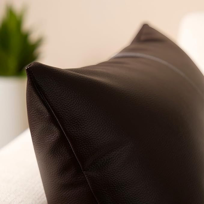 Encasa XO Faux Leather Throw Pillows Covers 18"x18" (Set of 2) | Dark Brown Stitch Decorative Cushion Covers | Modern Farmhouse Pillow Cases for Outdoor, Living Room, Bedroom, Couch, Sofa