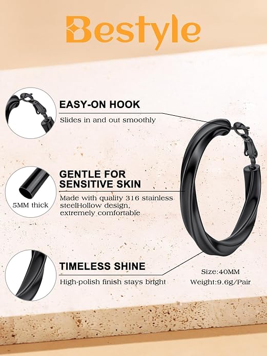 Bestyle 5mm Thick Gold Hoop Earrings Hypoallergenic Hoops for Sensitive Ears Trendy Lightweight Chunky Earrings for Women 30/40/60/80mm
