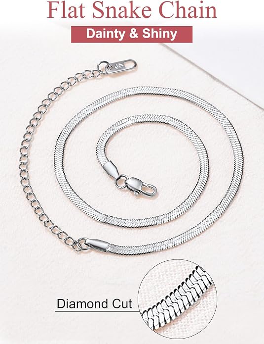 FOCALOOK 14K Gold Plated Necklaces for Women, Fashion Herringbone Choker Necklace Stainless Steel Flat Snake Chain 3/5MM(W) 12.5"/15"/18"+3.5"(L)
