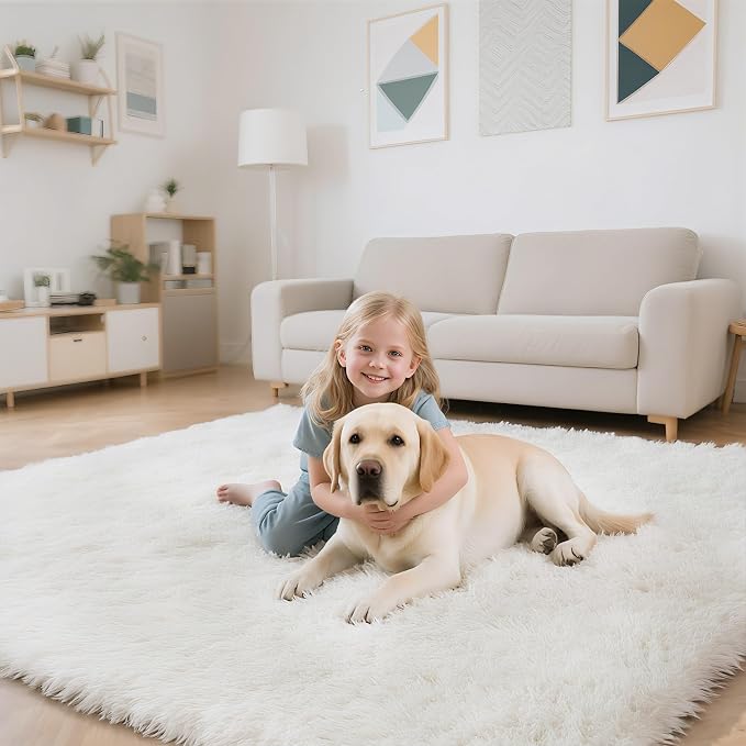 yongyangjuxin Fluffy Rug Shag Area Rug, White 8x10 Area Rugs for Living Room, Large Shag Area Rugs for Bedroom Room Home Decor, Upgrade Anti-Skid Rectangular Fuzzy Rugs