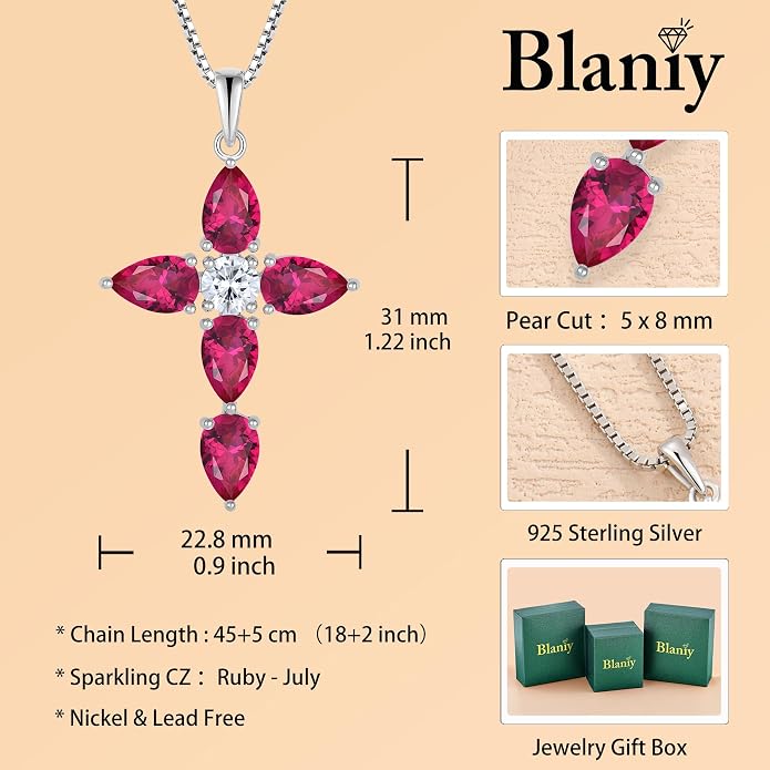 Cross Necklace for Women 925 Sterling Silver Teardrop Birthstone Pendant Religious Jewelry Gifts for Women