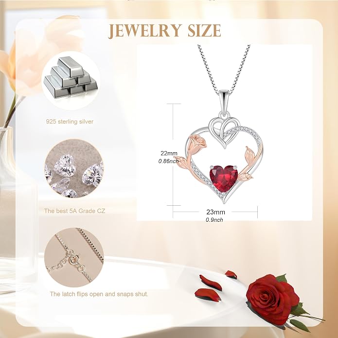 Rose Heart Necklaces for Women - 925 Sterling Silver Gold Rose Birthstone Pendant Jewelry for Girlfriend Daughter - Anniversary Birthday Christmas Valentines Day Mother’s Day Jewelry Gifts for Women Wife Her Girls Mom
