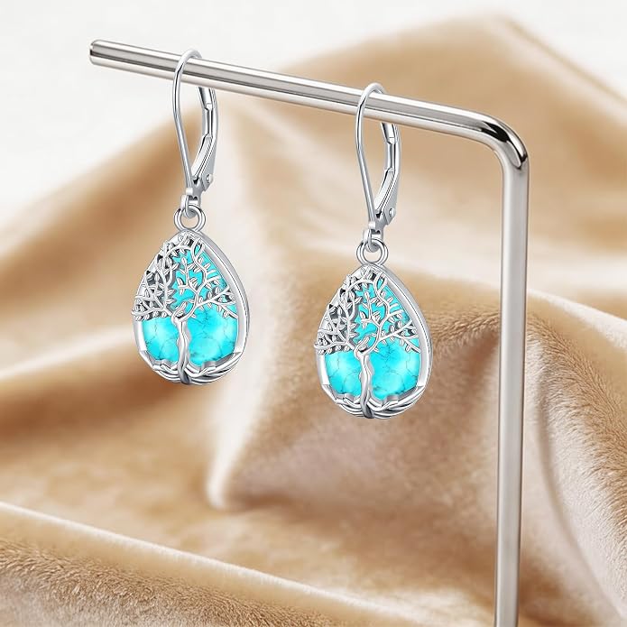 Odinstone 925 Sterling Silver Earrings Tree of Life Teardrop Moonstone Dangle Drop Leverback Earrings for Women