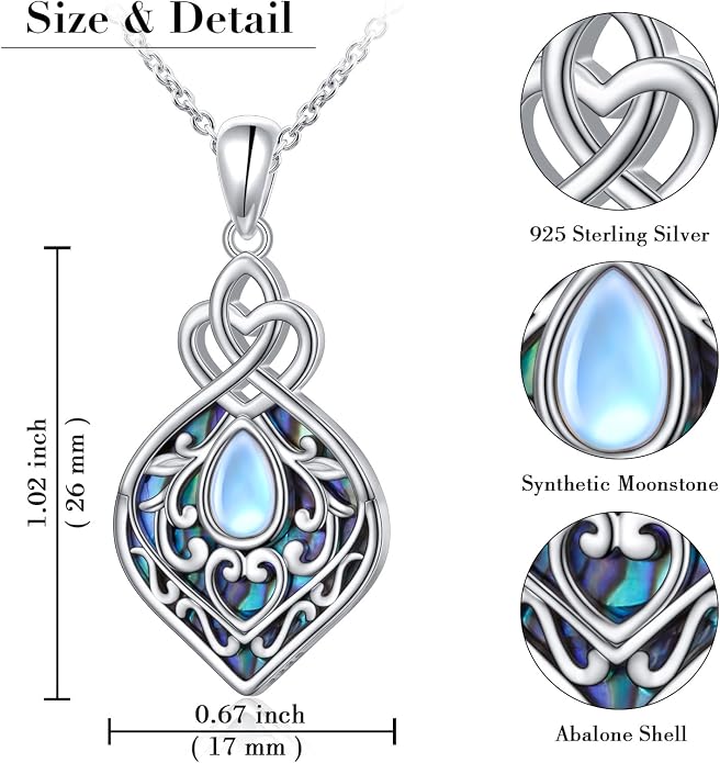 DAOCHONG 925 Sterling Silver Filigree Moonstone Sunflower Necklace Celtic Teardrop Abalone Shell Jewelry for Women Birthday Christmas Anniversary