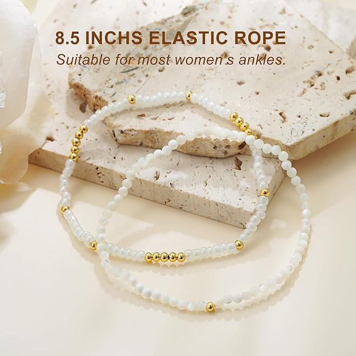 Boho Gold Anklet Bracelets for Women, Waterproof Beach Layered Pearl Beaded Turquoise Anklets Set Handmade Jewelry Gift