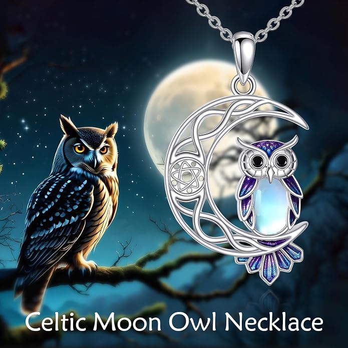 Owl Birthstone Necklace Sterling Silver Celtic Moon Pendant Cubic Zirconia Owls Jewelry Birthday Gifts for Women Men