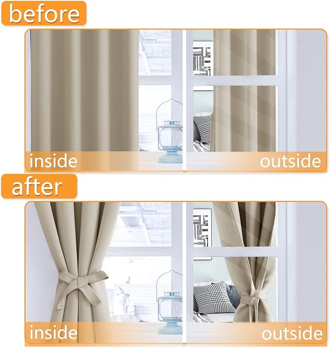 Hiasan RV Blackout Curtains for Bedroom, 52 x 30 Inches Long - Thermal Insulated & Light Blocking Window Curtains for Living Room, 2 Drape Panels Sewn with Tiebacks, Light Beige