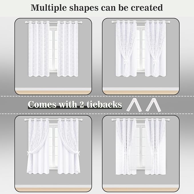 Yinhua Double Layer White Curtains for Living Room Blackout Curtains for Bedroom 63 Inch Length 2 Panels Set Kid Curtain with Tiebacks, Grommet Drapes with Floral Sheer Overlay, 52" W x 63" L