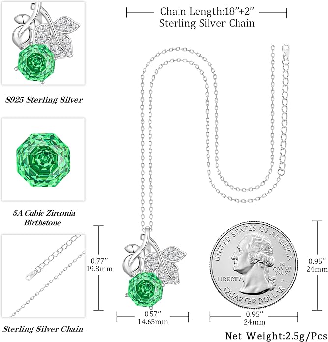 Aurora Tears Birthstone Rose Pendant Necklace - 925 Sterling Silver Rose Cut Cubic Zirconia Flower Leaf Necklace Anniversary Birthday Jewelry Gift for Women Wife Mom Daughter