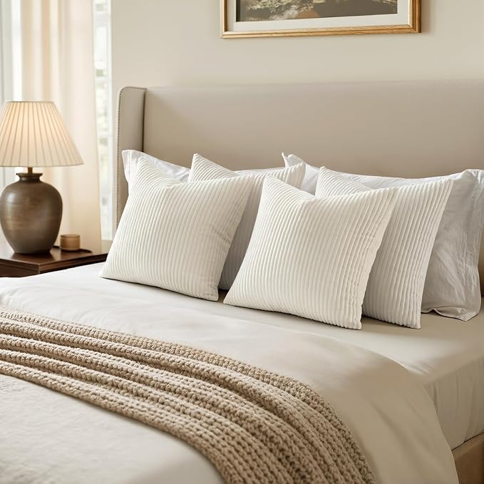 EMEMA Beige Decorative Throw Pillow Covers 20x20 Inch Set of 4 Boho Farmhouse Corduroy Striped Square Pillow Case,Western Modern Cushion Covers for Couch Bed Livingroom Home Decor