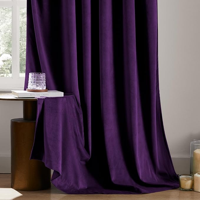 HOMEIDEAS 100% Blackout Purple Velvet Curtains, Thermal Noise Reduction Soft Luxury Vintage Christmas Velvet Curtains for Bedroom Decor, Living Room, Home, 52 X 84 Inch, 2 Panels