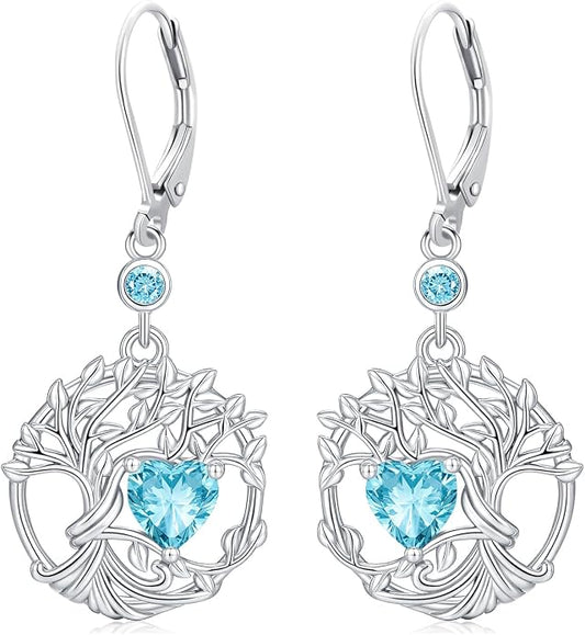 Odinstone 925 Sterling Silver Earrings Tree of Life Teardrop Moonstone Dangle Drop Leverback Earrings for Women