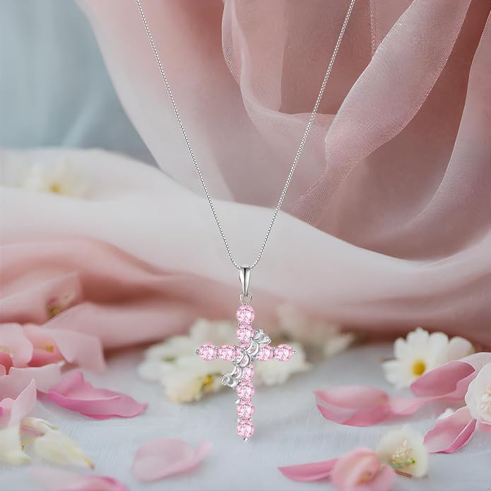 Rotated Crown Cross Necklaces for Women, 925 Sterling Silver Round Cut Zircon Neckalce Pendant With Ring Birthstones Jewelry for Her