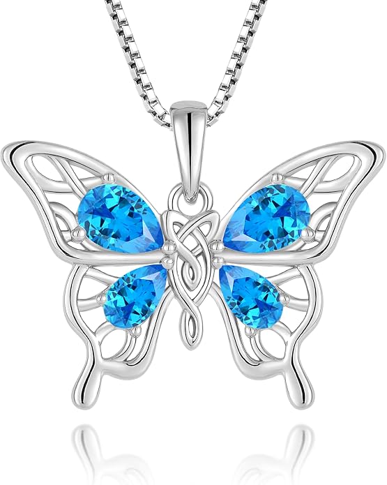 Butterfly Necklace 925 Sterling Silver Celtic Knot Pendant Teardrop Birthstone Twisted Jewelry for Women