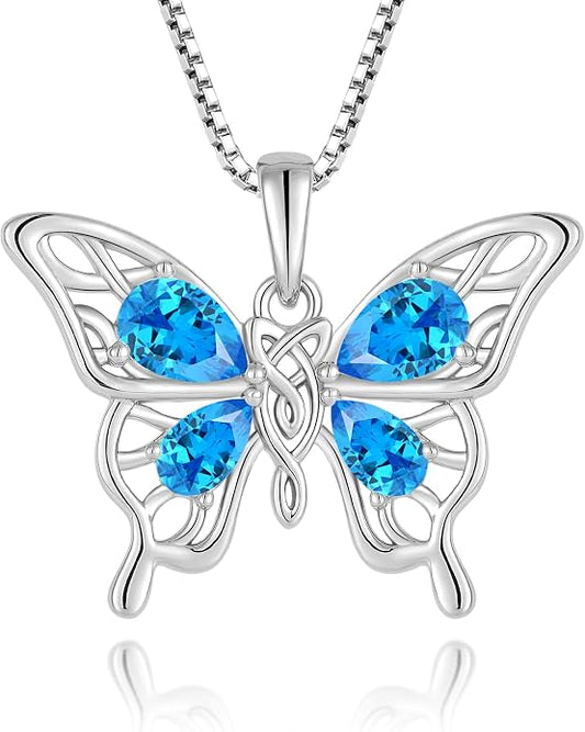 Butterfly Necklace 925 Sterling Silver Celtic Knot Pendant Teardrop Birthstone Twisted Jewelry for Women