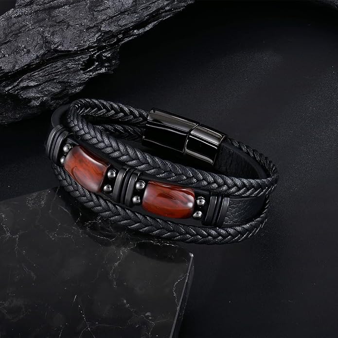 Mens Leather Bracelet Natural Tiger Eye Protection Multilayer Braided Wristband Bangle Gifts for Him