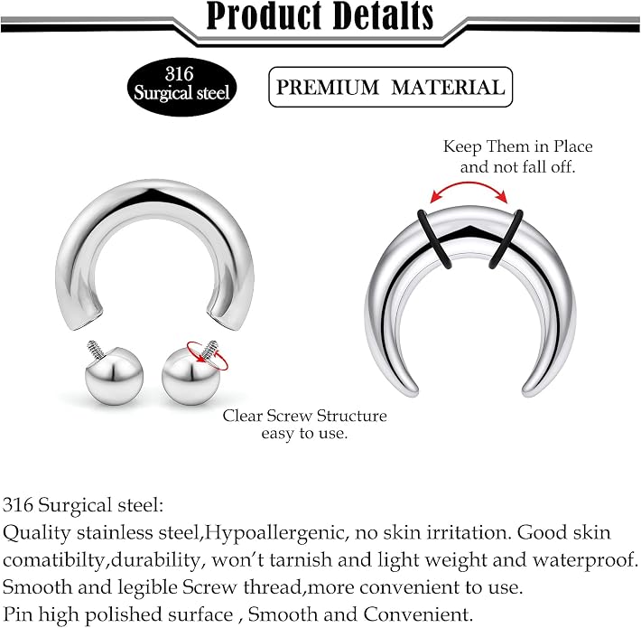 Septum Rings 16G 14G 12G 10G 8G 6G 4G 2G Surgical Steel Septum Stretching Kit Septum Pincher Tapers Gauge Kit Nose Ring Hoop Horseshoe Helix Tragus Daith Rook Piercing Jewelry for Women Men