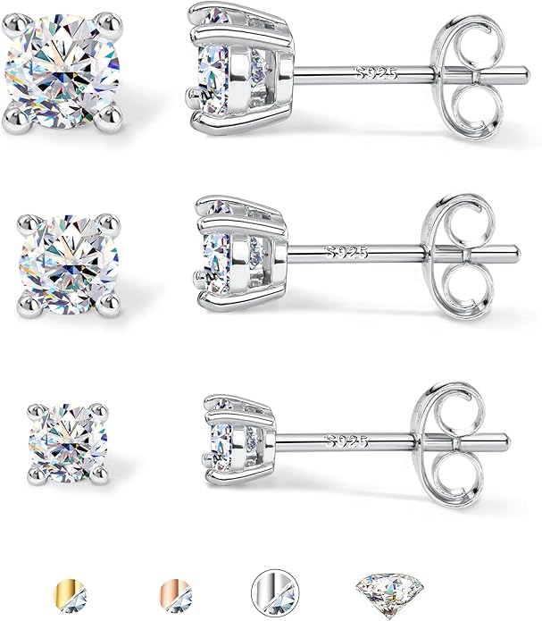 GEMQUEEN 3/4 Pairs Moissanite Earrings Studs 14K Gold Plated S925 Sterling Silver Flat Back Earring for Women Men - Hypoallergenic Set Cartilage Helix Piercing Jewelry Trendy D Color VVS1