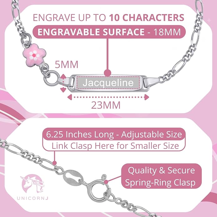 UNICORNJ 925 Italy Sterling Silver Child or Baby Name Bracelet Girls Boys, Personalized Engraved Kids ID Bracelets, 6.5" Figaro Chain, Enamel Charm Newborn Infant Toddler Kid Jewelry
