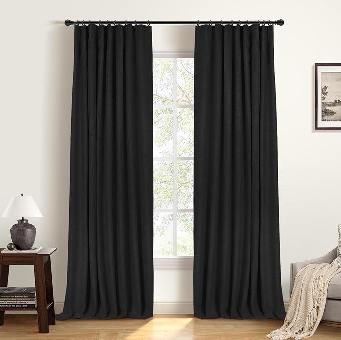 INOVADAY 100% Blackout Curtains for Bedroom, Black Out Curtains 102 Inch Long, Clip Rings Linen Blackout Drapes, Thermal Insulated Room Darkening for Living Room, 2 Panels - Black,W50xL102