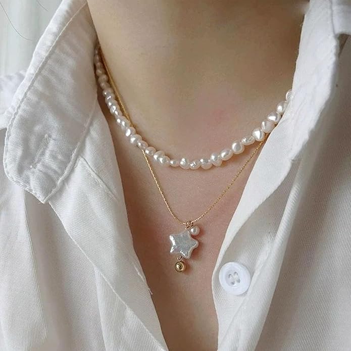 Baroque Pearl Necklaces for Women, Star Shaped Pearl Pendant Necklace Pentagram Natural Freshwater Pearl Choker Necklaces Jewelry Gift for Her, 18'' Chain with Extender