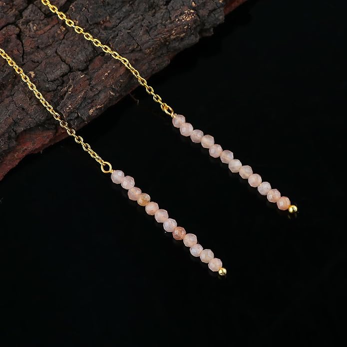 Natural Gemstone Threader Earrings for Women - Dainty 2mm Faceted Beads - Birthstone Crystal Drop Earrings - Silver Plated Healing Jewelry