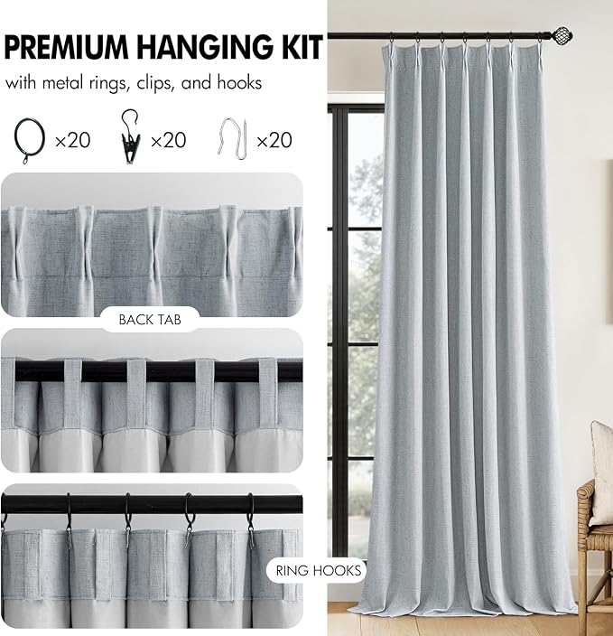 MIULEE Grayish Blue Pinch Pleated 100% Blackout Linen Curtains for Bedroom, Room Darkening Memory Trained Light Blocking Window Curtain 84 inches Long for Living Room, Black Out Pleat Drapes, 2 Panels