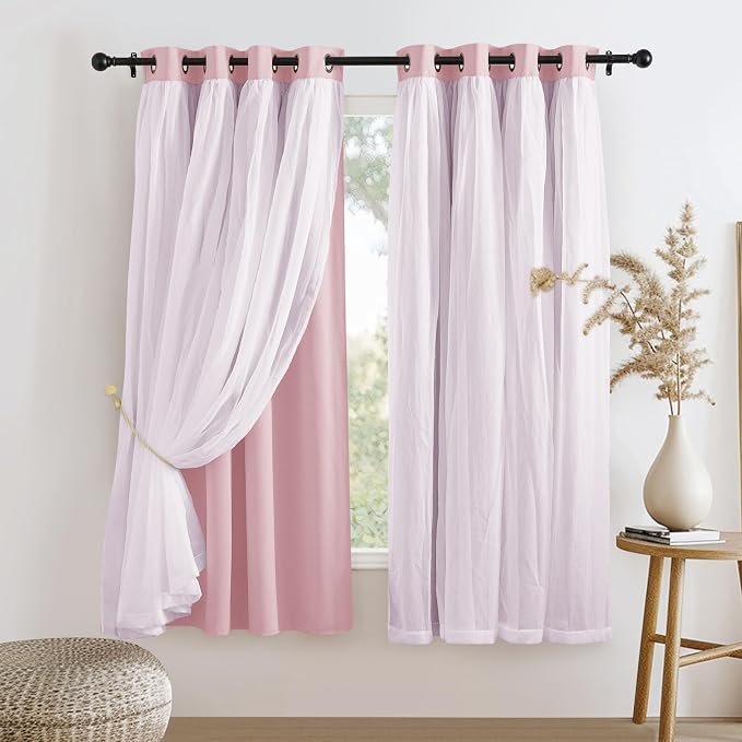 PONY DANCE Short Pink Curtains - Light Block Drapes with Sheer Layer Mix & Match Voile Drapes Decoration for Baby Girls Bedroom, 52 W x 63 L, Light Pink, 2 PCs