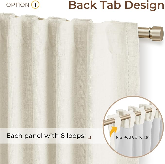INOVADAY 100% Blackout Curtains 96 Inches Length 2 Panels Set, Back Tab/Rod Pocket Linen Black Out Curtains for Bedroom, Thermal Insulated Window Drapes - Beige White, W50 X L96